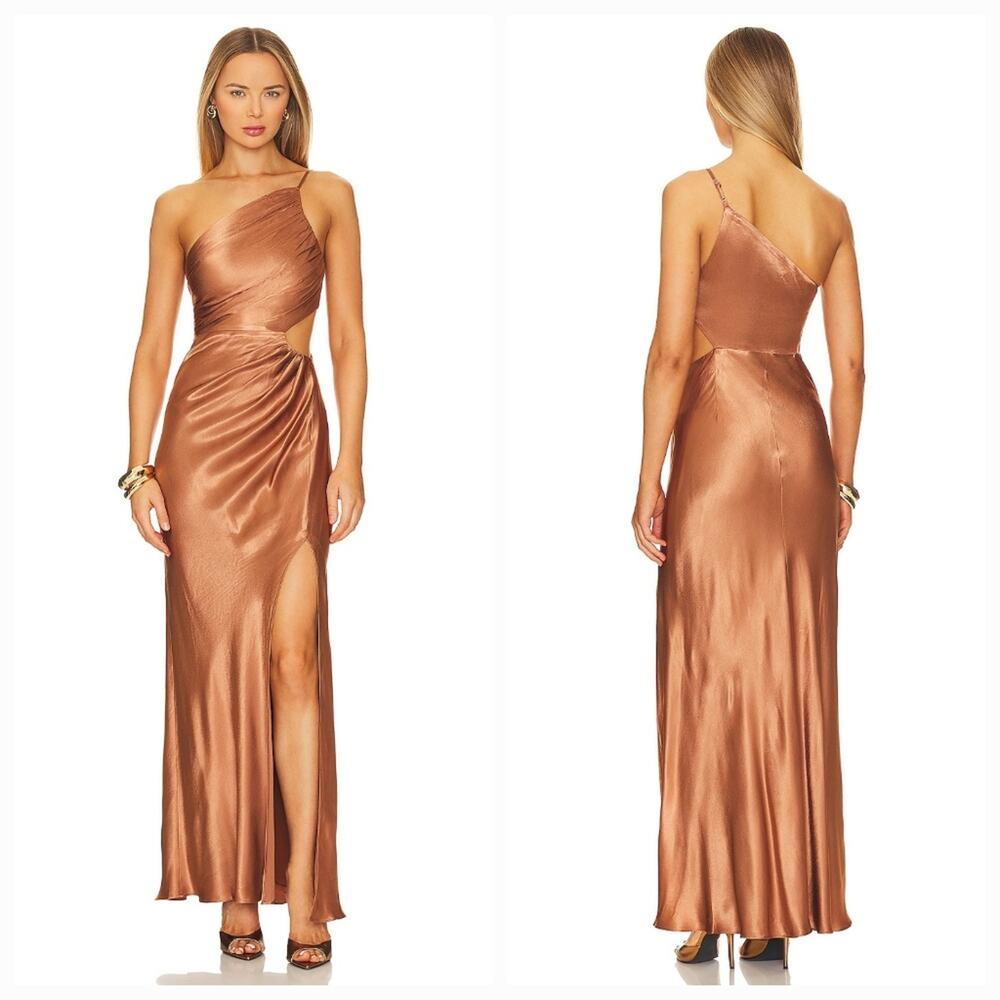 Shona Joy Copper One-Shoulder Satin Maxi Dress